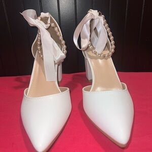 Elegant White Heels with Pearl Ankle Strap
